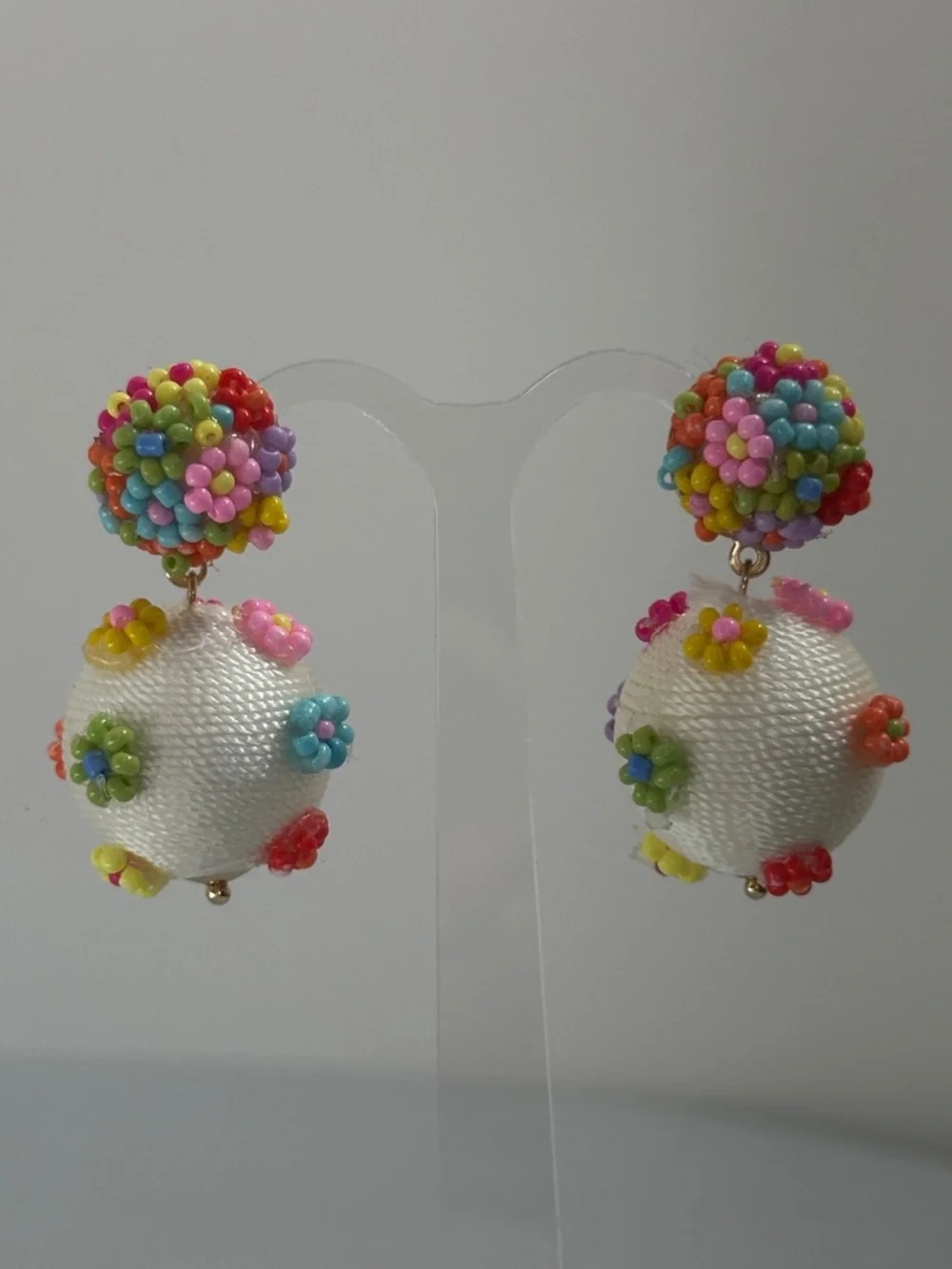Colorful White Beaded Floral Drop Earrings